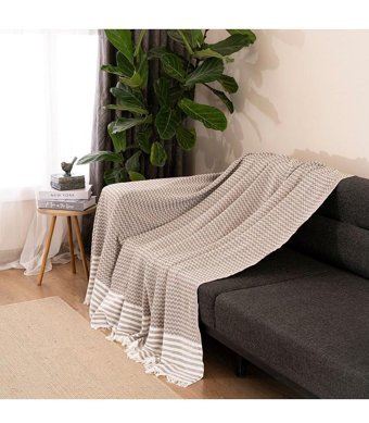 Dafne Moda Naturel Pamuklu Kanvas Püsküllü Süngersiz Armürlü Kahverengi Üçlü Koltuk Örtüsü 170x210 cm