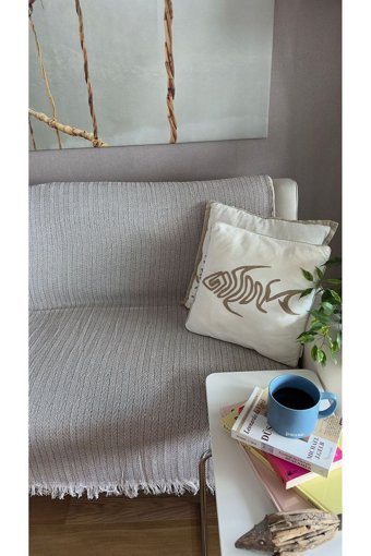 Lapipa Pamuklu Saçaklı Süngersiz Çizgili Bej Tekli Koltuk Örtüsü 170x210 cm