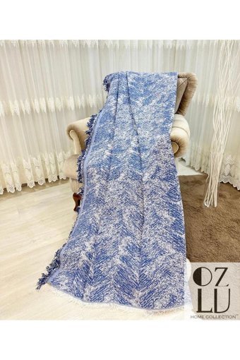 Özlü Home Pamuklu - Polyester Örgü Saçaklı Süngersiz Çizgili Lacivert Tekli Koltuk Örtüsü 170x220 cm