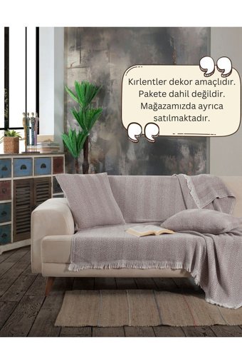 Lux Touch Lily Pamuklu Püsküllü Süngersiz Geometrik Desenli Kahverengi Tekli Koltuk Örtüsü 150x200 cm