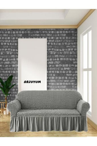 Arzuyum Polyester Bürümcük Fırfırlı Süngersiz Armürlü Giydirmeli Lastikli Gri Tekli Koltuk Örtüsü 84x203 cm
