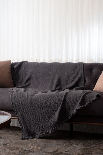 Oteks Home Collection Müslin Örgü Saçaklı Süngersiz Armürlü Gri Tekli Koltuk Örtüsü 100x200 cm
