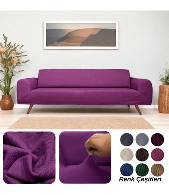 Etles Home Pamuklu - Polyester Likralı Jakarlı Süngersiz Armürlü Giydirmeli Mor Üçlü Koltuk Örtüsü 230x160 cm