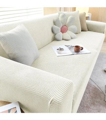 Uyumev Pamuklu - Polyester Likralı Süngerli Çizgili Giydirmeli Bej Tekli Koltuk Örtüsü 180x230 cm