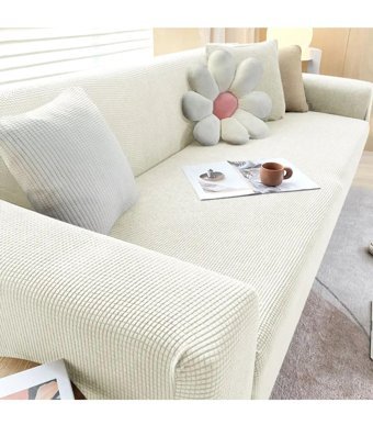Uyumev Pamuklu - Polyester Likralı Süngerli Çizgili Giydirmeli Bej Tekli Koltuk Örtüsü 180x230 cm