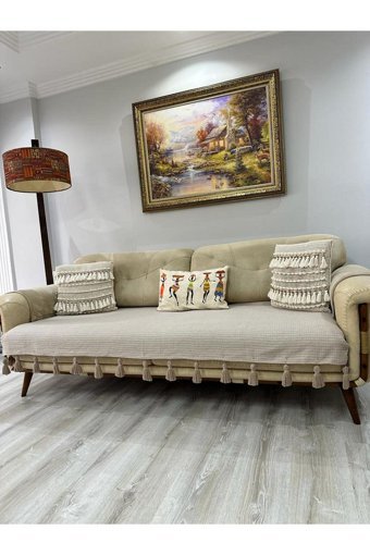 Petek Home Pamuklu Örgü Püsküllü Süngersiz Geometrik Desenli Kahverengi Üçlü Koltuk Örtüsü 90x210 cm