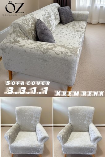 Özmakan Kadife Likralı Jakarlı Süngersiz Çizgili Giydirmeli Bej Dörtlü Koltuk Örtüsü 180x230 cm