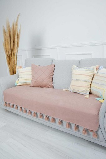 Aisha's Design KO-19 Polyester Örgü Püsküllü Süngersiz Düz Pembe Tekli Koltuk Örtüsü 34x48 cm