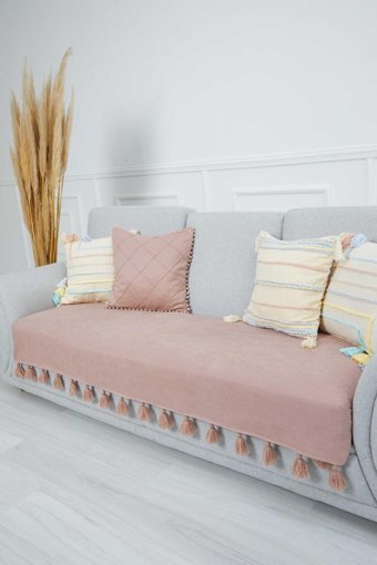 Aisha's Design KO-19 Polyester Örgü Püsküllü Süngersiz Düz Pembe Tekli Koltuk Örtüsü 34x48 cm