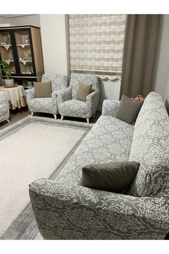 Uyumev Pamuklu - Polyester Likralı Süngerli Çiçek Desenli Giydirmeli Bej Dörtlü Koltuk Örtüsü 180x230 cm