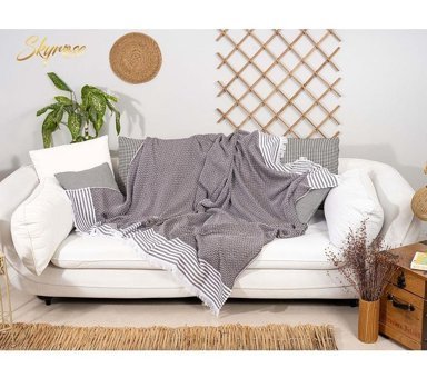 Skyrose Pamuklu Polar Saçaklı Süngersiz Geometrik Desenli Gri Tekli Koltuk Örtüsü 170x210 cm