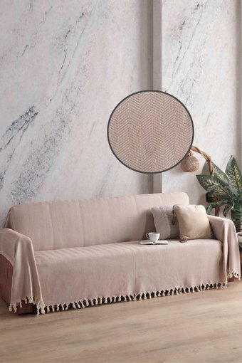 Ladynil Natural Pamuklu Saçaklı Süngersiz Çizgili Bej Tekli Koltuk Örtüsü 180x300 cm