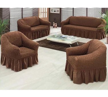 Uytm Polyester Bürümcük-Likralı Drapeli Süngerli Düz Giydirmeli Kahverengi Dörtlü Koltuk Örtüsü 180x230 cm