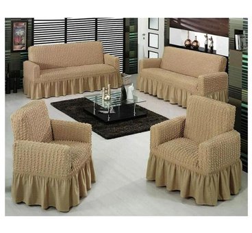 Heytgah Polyester Bürümcük-Likralı Fırfırlı Süngersiz Kapitone Giydirmeli Kahverengi 3-3-1-1 Koltuk Örtüsü 80x120 cm
