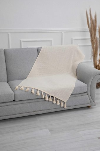 Aisha's Design KS-1 Keten Örgü Püsküllü Süngersiz Düz Bej Tekli Koltuk Örtüsü 80x170 cm