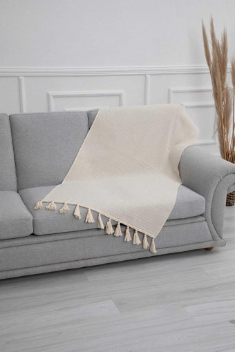Aisha's Design KS-1 Keten Örgü Püsküllü Süngersiz Düz Bej Tekli Koltuk Örtüsü 80x170 cm