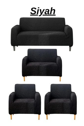 E Bahar Polyester Bürümcük Jakarlı Süngersiz Armürlü Giydirmeli Siyah Yedili Koltuk Örtüsü 180x230 cm