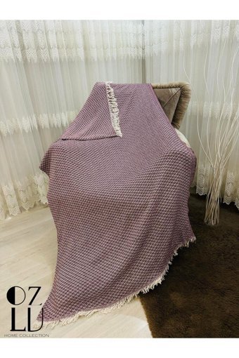 Özlü Home Atlas Pamuklu - Polyester Örgü Saçaklı Süngersiz Çizgili Kaymaz Bordo Tekli Koltuk Örtüsü 170x210 cm