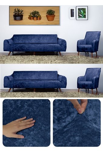 Etles Home Pamuklu - Polyester Likralı Jakarlı Süngersiz Armürlü Giydirmeli Lacivert Sekizli Koltuk Örtüsü 180x230 cm