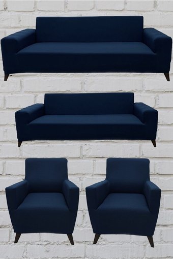 Şahane Ev Mikro Polyester Likralı Jakarlı Süngersiz Düz Giydirmeli Lastikli Mavi Üçlü Koltuk Örtüsü 28x32 cm