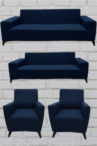Şahane Ev Mikro Polyester Likralı Jakarlı Süngersiz Düz Giydirmeli Lastikli Mavi Üçlü Koltuk Örtüsü 28x32 cm