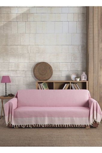 Lux Touch Pamuklu Püsküllü Süngersiz Geometrik Desenli Pembe Tekli Koltuk Örtüsü 180x300 cm