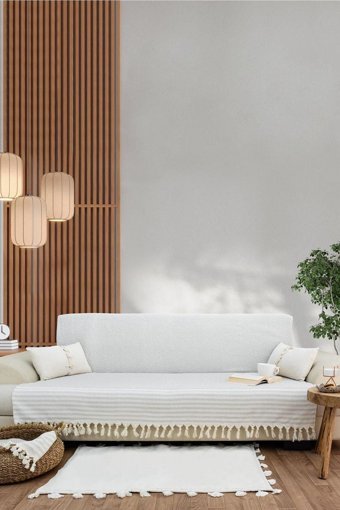 Taşkın Home Pamuklu Polar Saçaklı Süngersiz Çizgili Yeşil Tekli Koltuk Örtüsü 180x180 cm