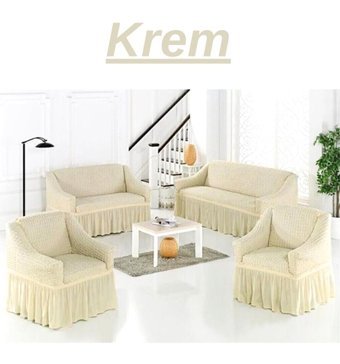 Kanway Polyester Bürümcük Fırfırlı Süngersiz Kapitone Giydirmeli Krem 3-2-1-1 Koltuk Örtüsü 180x230 cm