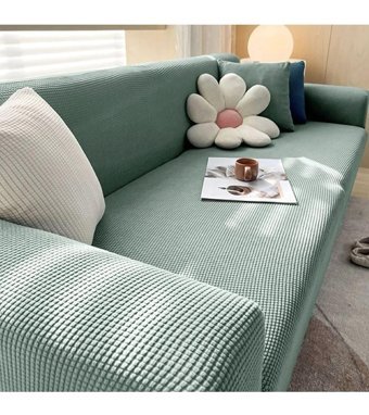 Hanemce Pamuklu - Polyester Streç Süngersiz Kareli Giydirmeli Bej Üçlü Koltuk Örtüsü 180x230 cm