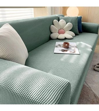 Hanemce Pamuklu - Polyester Streç Süngersiz Kareli Giydirmeli Bej Üçlü Koltuk Örtüsü 180x230 cm