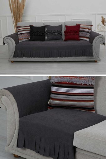 Aisha's Design KTK-6 Polyester Örgü Pileli Süngersiz Düz Gri Dörtlü Koltuk Örtüsü 34x48 cm