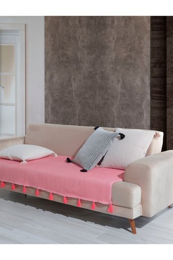 Lux Touch Lavi Pamuklu Ponponlu-Püsküllü Süngersiz Geometrik Desenli Kırmızı Tekli Koltuk Örtüsü 115x201 cm