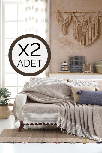 Lux Touch Bergama Pamuklu Püsküllü Süngersiz Geometrik Desenli Hardal İkili Koltuk Örtüsü 180x200 cm