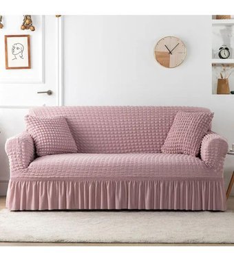 Uyumev Pamuklu - Polyester Bürümcük-Likralı Drapeli Süngerli Çizgili Giydirmeli Pembe Tekli Koltuk Örtüsü 180x230 cm