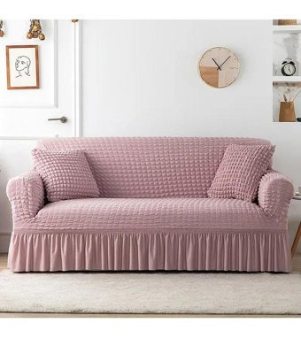 Uyumev Pamuklu - Polyester Bürümcük-Likralı Drapeli Süngerli Çizgili Giydirmeli Pembe Tekli Koltuk Örtüsü 180x230 cm