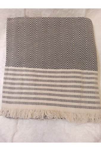 Şener Home Pamuklu Polar Saçaklı Süngersiz Çizgili Gri Üçlü Koltuk Örtüsü 170x301 cm