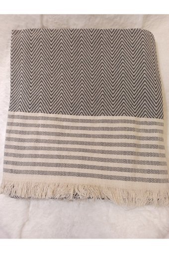 Şener Home Pamuklu Polar Saçaklı Süngersiz Çizgili Gri Üçlü Koltuk Örtüsü 170x301 cm