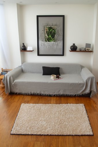 Koza Home Pamuklu Saçaklı Süngersiz Geometrik Desenli Gri Tekli Koltuk Örtüsü 300x170 cm