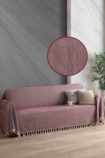Ladynil Natural Pamuklu Saçaklı Süngersiz Çizgili Bordo Tekli Koltuk Örtüsü 180x300 cm