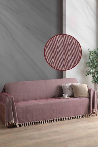 Ladynil Natural Pamuklu Saçaklı Süngersiz Çizgili Bordo Tekli Koltuk Örtüsü 180x300 cm