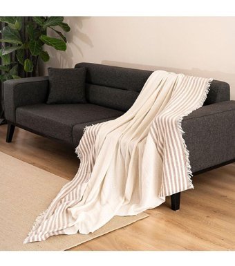 Dafne Moda Naturel Pamuklu Kanvas Saçaklı Süngersiz Armürlü Ekru Üçlü Koltuk Örtüsü 170x210 cm