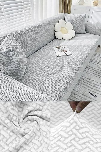 Özmakan Pamuklu - Polyester Likralı Jakarlı Süngersiz Çizgili Giydirmeli Beyaz Üçlü Koltuk Örtüsü 180x230 cm