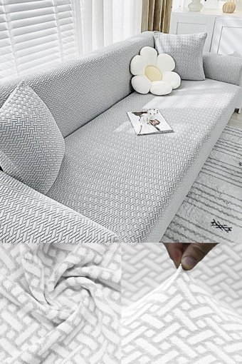 Özmakan Pamuklu - Polyester Likralı Jakarlı Süngersiz Çizgili Giydirmeli Beyaz Üçlü Koltuk Örtüsü 180x230 cm