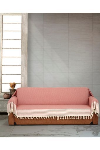 Genç Uludağ Pamuklu Püsküllü Süngersiz Çizgili Kiremit Tekli Koltuk Örtüsü 180x300 cm