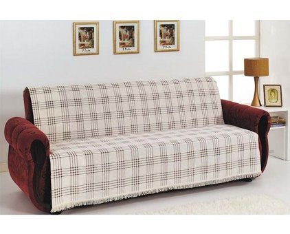 Buldan Pamuklu Kanvas Saçaklı Süngersiz Ekoseli Kahverengi Üçlü Koltuk Örtüsü 180x220 cm