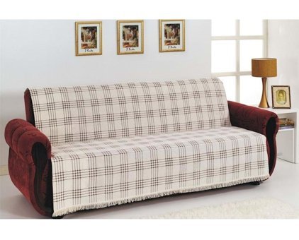 Buldan Pamuklu Kanvas Saçaklı Süngersiz Ekoseli Kahverengi Üçlü Koltuk Örtüsü 180x220 cm