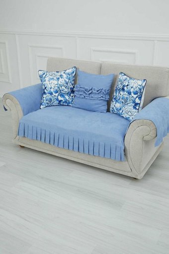 Aisha's Design KTK-4 Polyester Örgü Pileli Süngersiz Düz Mavi Üçlü Koltuk Örtüsü 34x48 cm