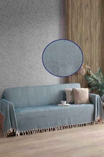 Ladynil Natural Pamuklu Saçaklı Süngersiz Çizgili Mavi Tekli Koltuk Örtüsü 180x300 cm