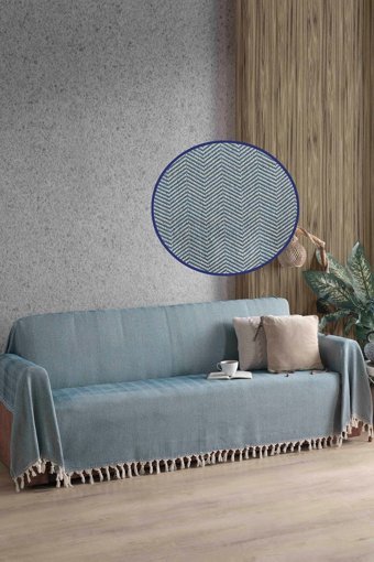 Ladynil Natural Pamuklu Saçaklı Süngersiz Çizgili Mavi Tekli Koltuk Örtüsü 180x300 cm