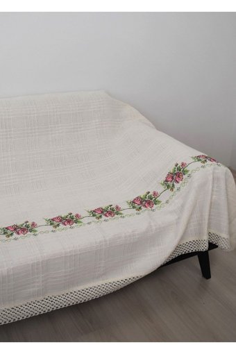 Tuncay Tekstil Kanaviçe Pamuklu Polar Nakışlı Süngersiz Çiçek Desenli Kırmızı Tekli Koltuk Örtüsü 220x180 cm